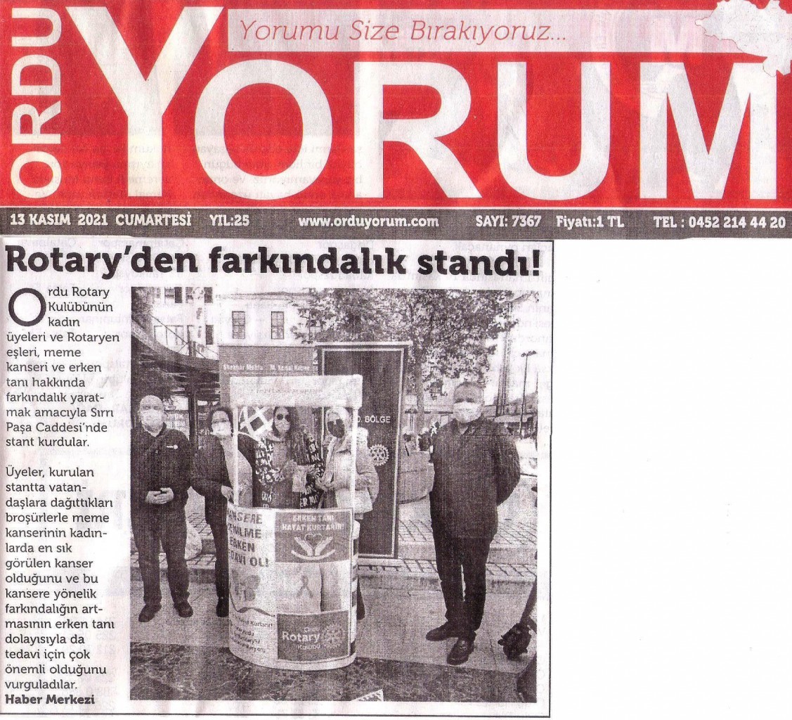 Ordu Rotary Kulübü Erken Tanı Hayat Kurtarır Projesi Basın Haberleri..