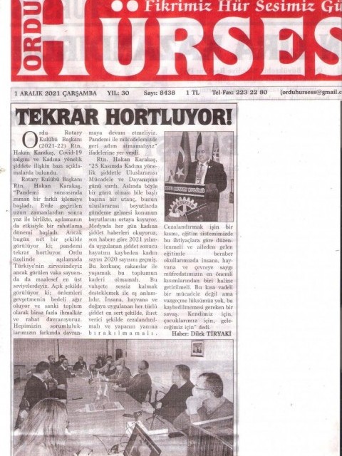 ORDU ROTARY KULÜBÜ BAŞKANI RTN. HAKAN KARAKAŞ'IN MESAJI BASINDA