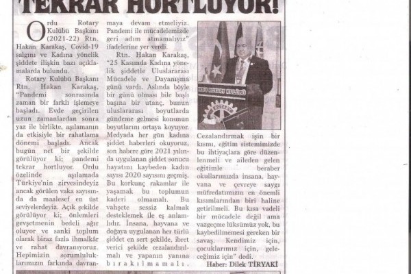 ORDU ROTARY KULÜBÜ BAŞKANI RTN. HAKAN KARAKAŞ'IN MESAJI BASINDA