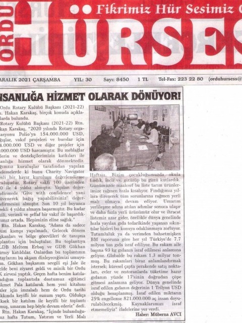Ordu Rotary Kulübü Başkanının Mektubu basında yer aldı.