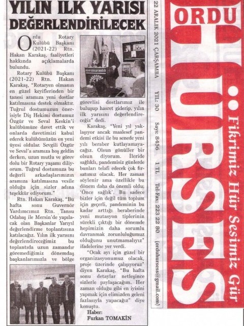 Ordu Rotary Kulübü Başkanı Rtn. Hakan Karakaş'ın Bu haftaki mesajı Basında yer aldı.