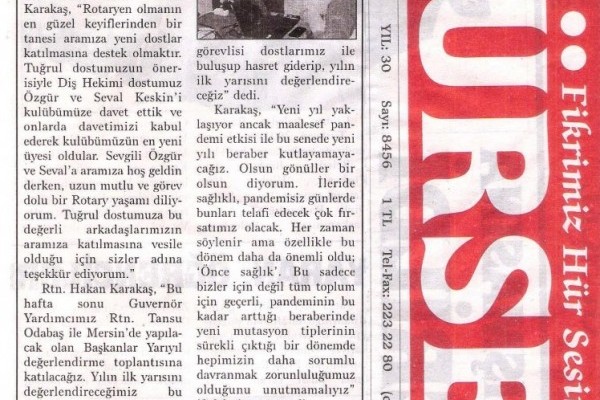 Ordu Rotary Kulübü Başkanı Rtn. Hakan Karakaş'ın Bu haftaki mesajı Basında yer aldı.