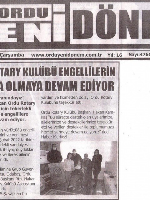 ORDU ROTARY KULÜBÜ ENGELLİLERİN YANINDA OLMAYA DEVAM EDİYOR ETKİNLİĞİ BASINDA YER ALDI