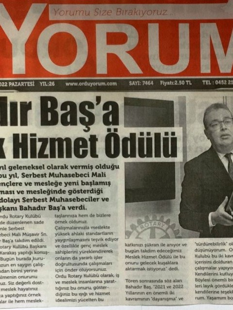 Ordu Rotary Kulübü Meslek Hizmet Ödülü Yerel Basında Yer aldı.