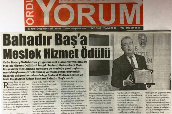 Ordu Rotary Kulübü Meslek Hizmet Ödülü Yerel Basında Yer aldı.