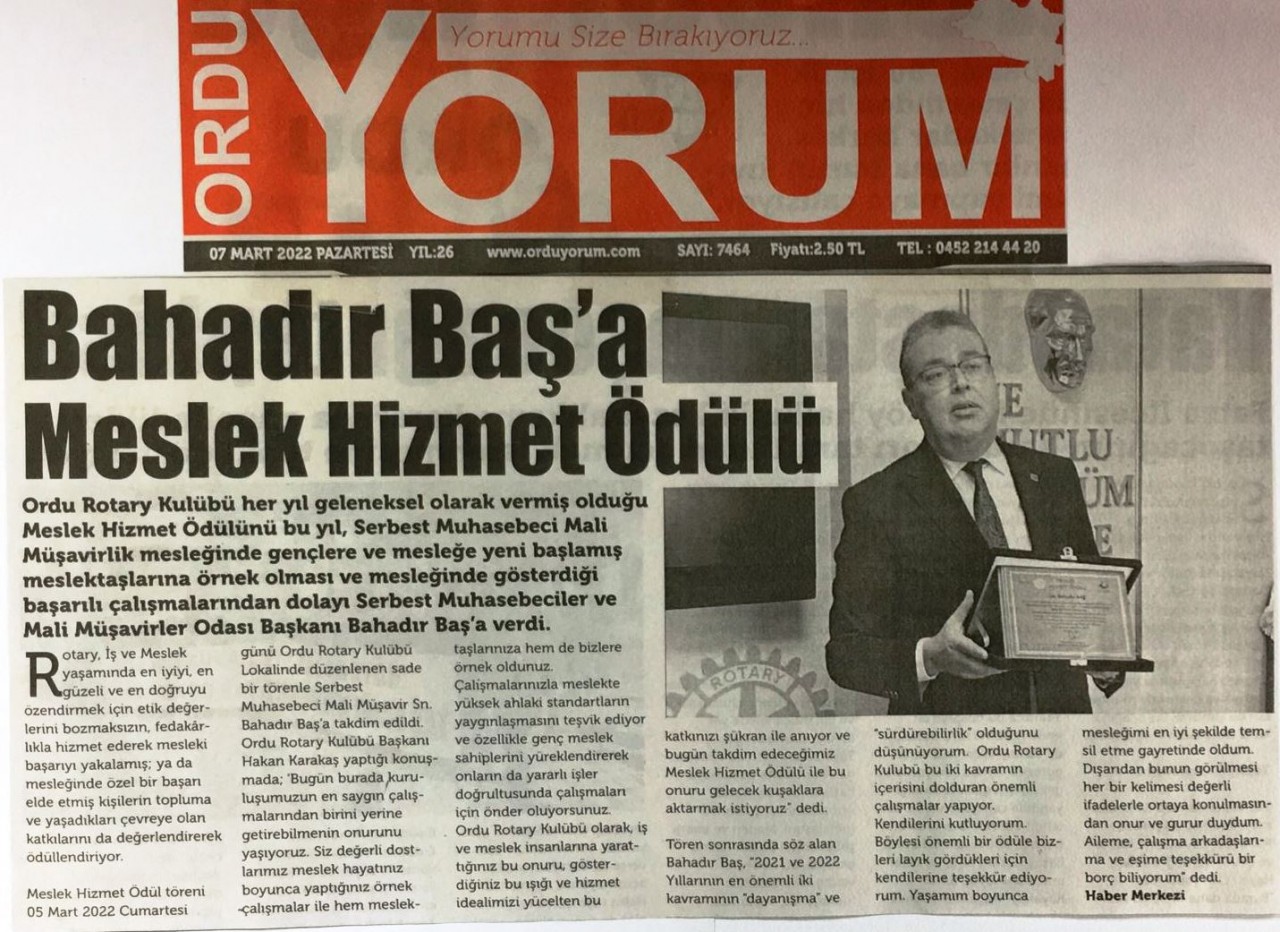 Ordu Rotary Kulübü Meslek Hizmet Ödülü Yerel Basında Yer aldı.