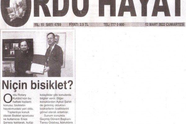 Ordu Rotary Kulübünün Bu haftaki toplantı konusu basında yer aldı.